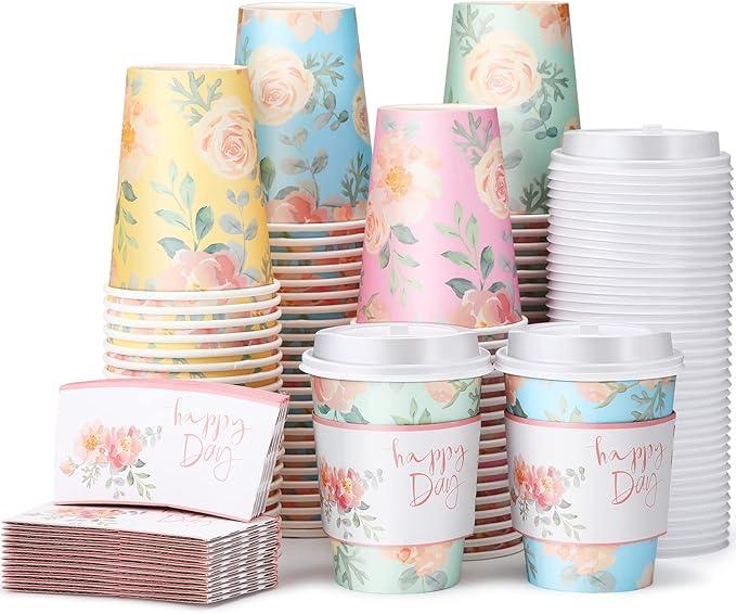 Remerry 100 Pcs 12oz Floral Disposable Coffee Cups with 100 Lids and 100 Sleeves Paper Insulated Drink Hot Coffee Paper Cups with Dome Lids and Sleeves for Parties Wedding Baby Shower(Fresh)