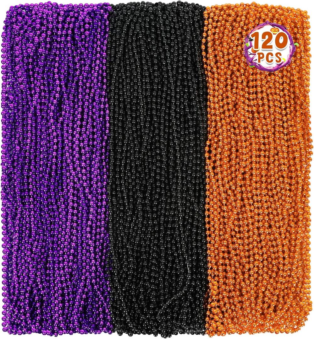 120 PCS Halloween Beads Necklaces, Black Purple Orange Beads Bulk, Halloween Party Accessories Parade Necklaces, Happy Trick Treat Mardi Gras Supplies Party Supplies Stuff
