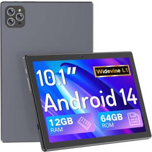 Android Tablet, 10.1" Android 14 Tablet with Octa-Core CPU, 12GB RAM+64GB ROM (2TB Expand), 8H Battery, 1280 * 800 IPS HD Touchscreen, Dual Camera, WiFi 6, BT5.0 Tablets for Adult