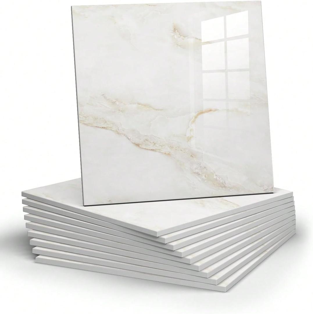 10pcs Marble Peel and Stick Backsplash Waterproof Washroom Wall Panels, Peel and Stick Tile, PVC Foam Wall Panels for Kitchen, Bathroom - 11.8"x11.8"Kitchen Tile (White and Yellow,9.7 Sq.ft)