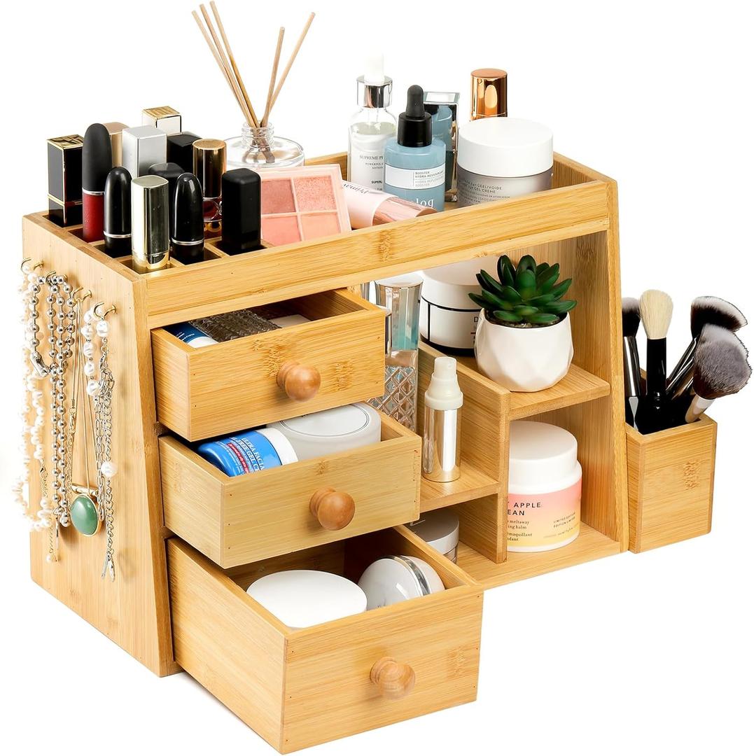 Elsjoy Bamboo Makeup Organizer with 3 Drawers & 12-Grid Lipstick Holder, Desk Bamboo Vanity Jewelry Organizer, Countertop Cosmetic Storage Box Stand with Hooks for Hanging Jewelry