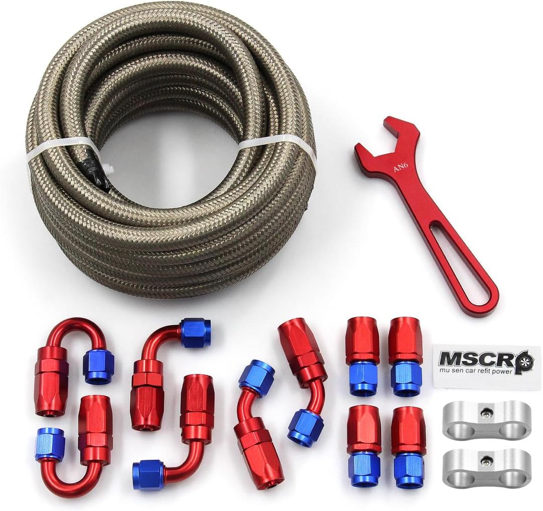 AN6 20FT Fuel Line Hose Kit, Stainless Steel Braided 3/8" - 8.73mm ID (AN6, Stainless Steel)