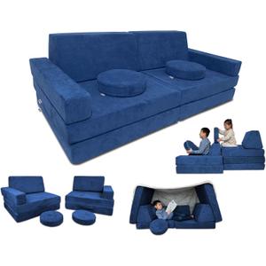 Mod Blox 10 Piece Soft Modular Kids Play Couch for Boys and GirlsChild Sectional Fort Building Sofa for Toddlers Playroom with Microsuede Covers and High Density Convertible Foam Cushions (Navy Blue)