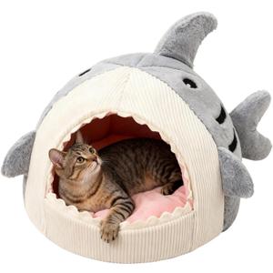 Cat Cave Bed | Shark Plush Nest Anti-Slip Bottom - Cartoon Cat Nest Small Dog Bed - for Kitten Puppy Small Dog Pet Indoor Sleeping Calming Bedroom Living Room Balcony Apartment Winter (Gray)