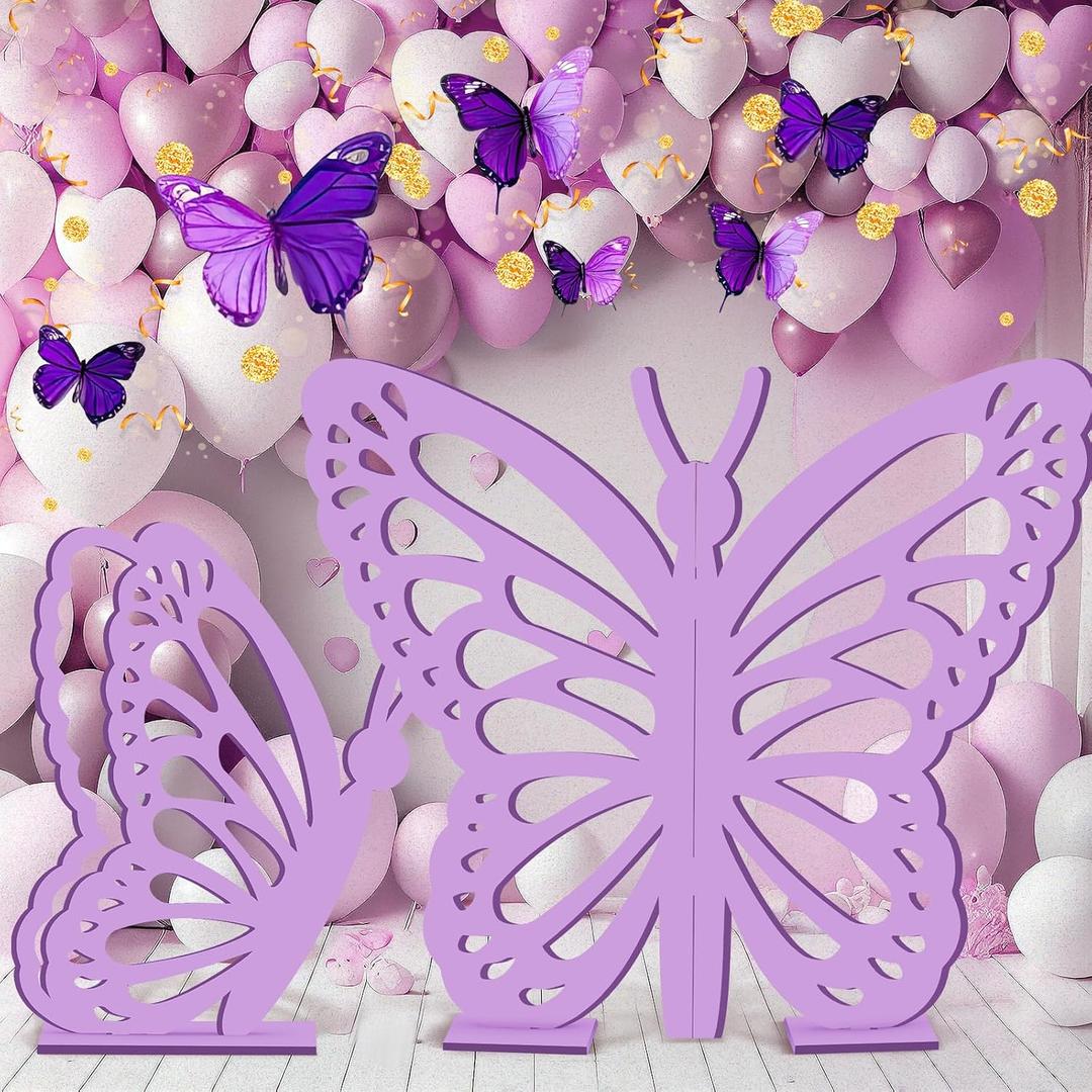 Yousoontic 2 Pcs Large Wood Butterfly Prop 41 Inch and 24 Inch Butterfly Standing Wings Cutout Backdrop Decoration for Birthday Baby Shower Wedding Party (Purple)