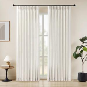 Pinch Pleated Linen Curtains 84 Inches Long for Living Room, Beige White Light Filtering Pleat Drapes Textured Thick Memory Trained Semi-Sheer Window Curtain with Hooks for Bedroom Farmhouse 2 Panels