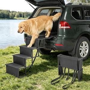 Portable Extra Wide Dog Steps, Large Dog Folding Stairs for Car, Truck, SUV | 4 Steps Non-Slip Dog Ramp for Large Dogs, Supports Up to 300 Lbs, Folding Dog Ladder for High Beds