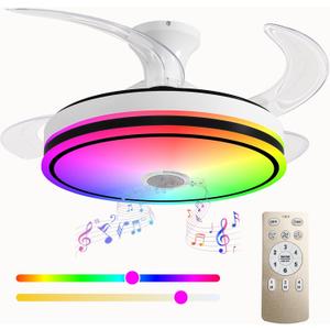 42'' Retractable Ceiling Fan with Lights, Smart Ceiling Fan Light with Bluetooth Speaker, App Control for Dimming & RGB Color Change Reversible Bedroom Living Room