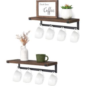 Dahey Mug Holder Wall Mounted Mug Rack with Hooks, Set of 2, Storage Rustic Floating Shelf Coffee Bar Accessories Wood Coffee Cup Hanger for Organizing Cooking Utensil Home Kitchen Decor, Brown