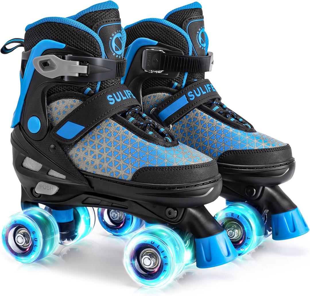 SULIFEEL Roller Skates for Girls Boys Kids,4 Sizes Adjustable Quad Skates with Light up Wheels,Safe Fun Children Skates, Best Gift for Beginners Indoor Outdoor Sports (Large - Youth, Blue)