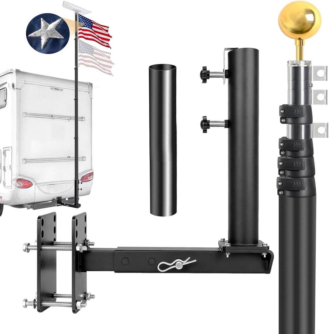 16FT RV Flagpole with Heavy-Duty Stainless Steel Bracket & an Embroidered Flag, 3-in-1 Frame/Trailer Hitch/Bumper Mount Design, RV Camping Flagpole, Thickened Aluminum Flag Pole, 80 MPH Wind Resistant