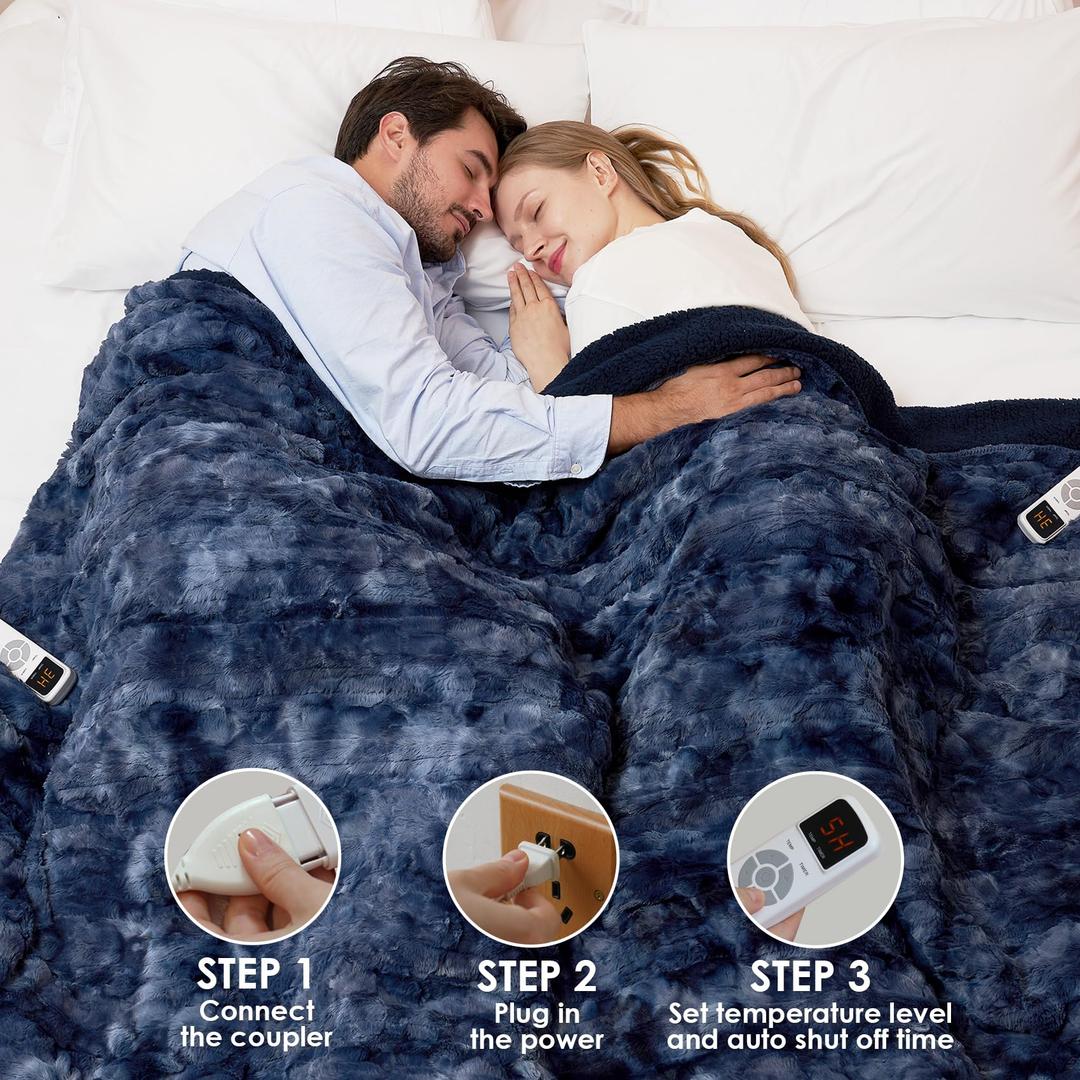 EHEYCIGA Electric Heated Blanket Throw Faux Fur, 10 Hours Auto Shut Off 9 Heating Levels Heating Blanket Throw, Soft Warm Heated Blanket Fast Heating, Faux Fur & Sherpa 
