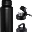 OLDLEY 32 oz Insulated Water Bottle With Straw, Stainless Steel Sports Water Cup Flask with 3 Lids(Straw, Spout and Handle Lid) Double Walled Travel Thermal Canteen Mug,Black