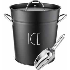 Rae Dunn Ice Bucket with Scoop - Stainless Steel Bucket with Handle, Lid and Ice Scooper - 4 Qt. Storage Bin for Ice Cubes for Bars, Parties, Backyard Barbeques, Picnics, and Camping (Black) (Medium)