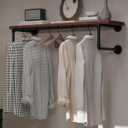 Clothes Rack 36in, Wall Mounted Garment Racks with Brown Real Wood Shelf, Heavy Duty Hanging Clothes Rack, Multi-Purpose Hanging Rod, Space-Saving Closet Storage