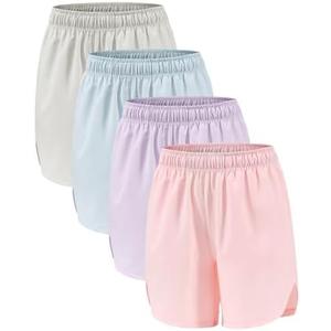 Celfaeree 4 Packs Girls Athletic Shorts with Pockets Running Active Shorts Dry-Fit, Sports Workout Shorts for Kids Teens, M