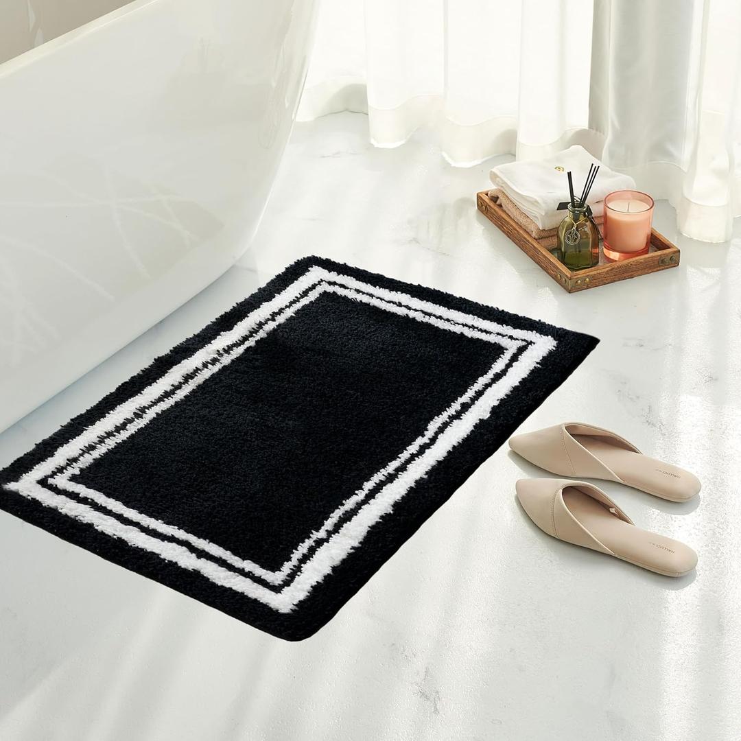 Tititex Luxury Black White Frame Line Bathroom Rug, 16x24 inch Extra Soft and Absorbent Microfiber Bath Rugs, Non-Slip Plush Shaggy Bath Carpet, Bath Mats for Bathroom Floor, Tub and Shower