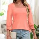 Women Dressy Shirt 3/4 Sleeve Blouse Casual 2025 Fall Fashion Top Square Neck Pleated Loose Fit Business Basic Top (Pink, M)