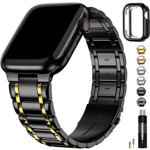 Fullmosa Compatible Apple Watch Band 42mm 44mm 45mm,iWatch Band with Case for Apple Watch Series 9 8 7 6 5 4 3 2 1 SE 10 Ultra, Black and Gold
