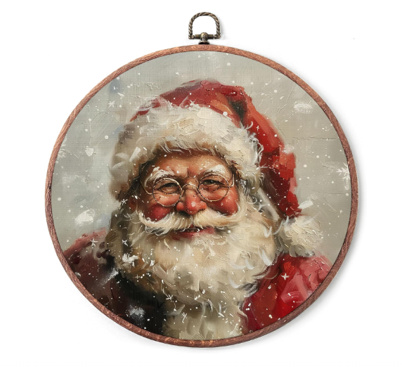 IDUXIY Vintage Christmas Wall Art Decor, Retro Santa Claus Canvas Print Round Wall Hanging Decor, Framed, 10x10 Inch.(124)