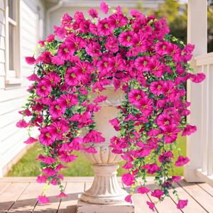 Sggvecsy Artificial Fake Hanging Flowers Plants for Outdoor Outside Spring Summer Decoration 2PCS Faux Silk UV Resistant Realistic Morning Glory with Eucalyptus for Home Porch Patio Balcony(Magenta)