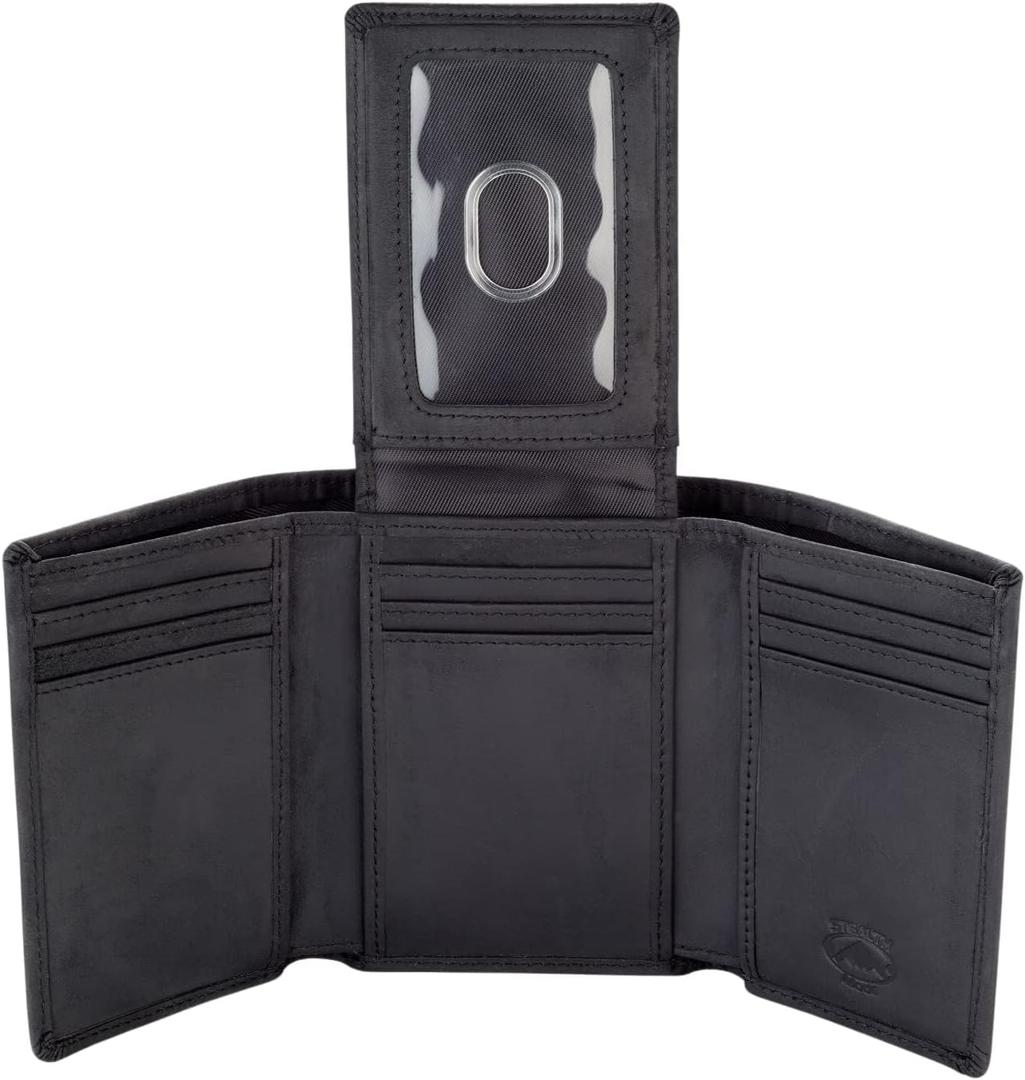 Stealth Mode Trifold Leather Wallet for Men with ID Holder and RFID Blocking (Black)