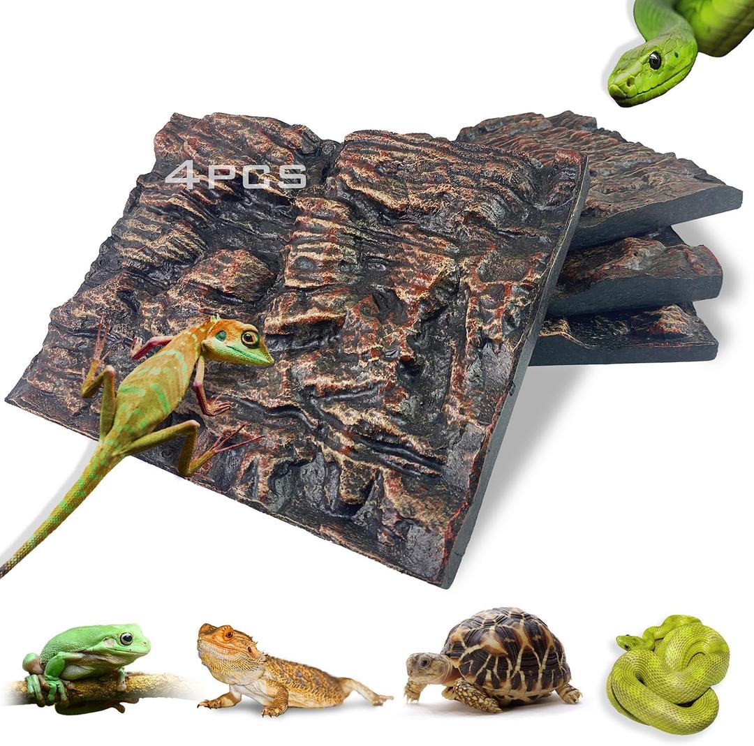 4pcs Rock Terrarium Background,3D Reptile Tank Background Board,Amphibian Stereo Backdrop Wall,Lizard Snake Gecko Spider Chameleon Turtle Fish pet silo Background Decorative Panel (brown)