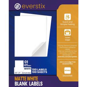 8.5" x 11", 100 Sheets, 100 Printable White Sticker Paper, Full Sheet Shipping Labels for Laser & Inkjet Printers, Letter Size