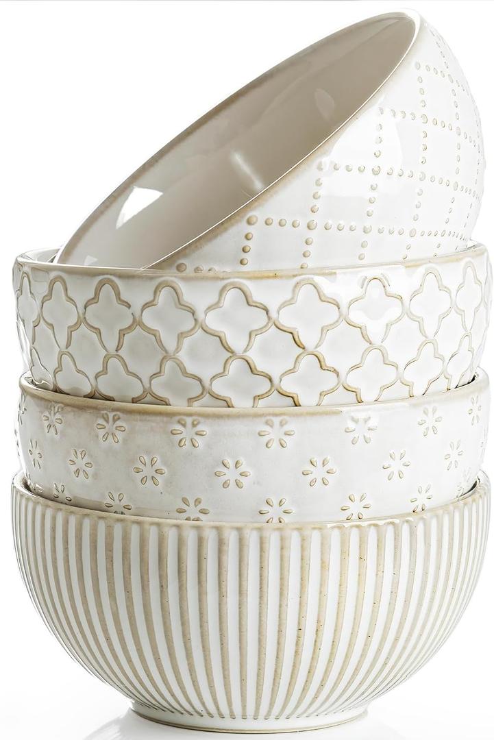 getstar Ceramic Bowl, Small Dessert Bowls Set of 4 with Assorted Embossment (4.5 inch & 10 oz), Farmhouse Vintage Color Bowls for Kitchen