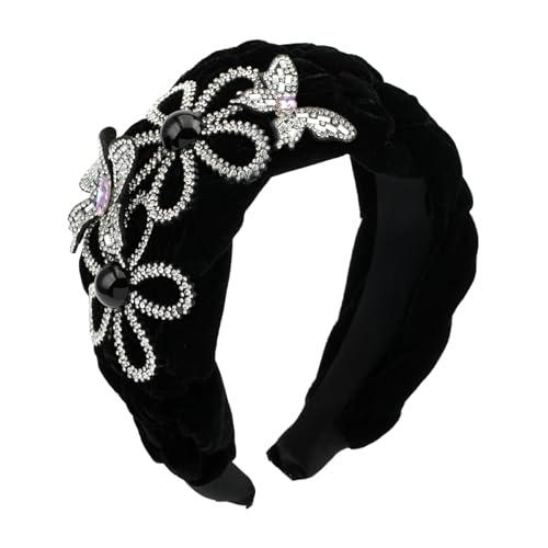 Florate Big Wide Crystal Flower Headband for Women Pearl Rhinestone Butterfly Leaf Padded Velvet Elegant Floral Hairband (H1101-black)