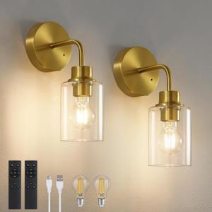 Battery Operated Wall Sconce Set of Two - Dimmable Wireless Sconces Set of 2 with Remote Control, Cordless Rechargeable Gold Wall Lights 3000K Modern Wall lamp for Bathroom Bedroom Living Room