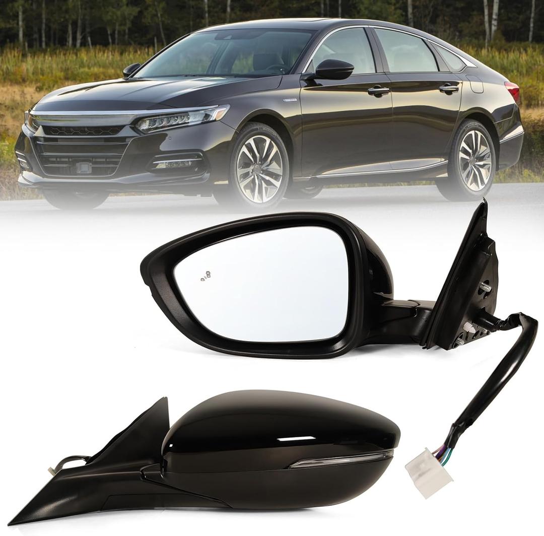 Left Driver side Mirror Fits 2018-2022 Honda Accord With Power Glass, Heated, Blind Spot Detection,Turn Signal and Manual Folding Match to Crystal Black Pearl Replace HO1320330 8Pins