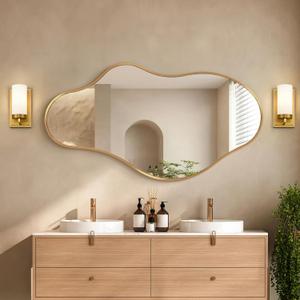 Irregular Wall Mirror, 20"x36" Gold Abstract Asymmetrical Mirrors for Wall, Decorative Cloud Wavy Mirror for Bathroom, Bedroom, Cloakroom, Entryway, Shatter-Proof Aluminum Alloy Frame