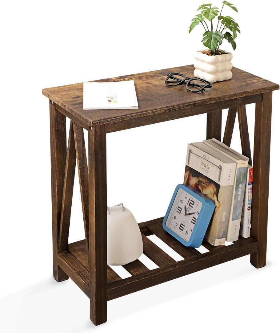 End Side Table with Storage Shelf Rectangle Narrow Nightstand Console Tables Brown Smooth End Table for Small Spaces Industrial Accent Side Table for Living Room Bathroom Bedroom, 24 inches x 12 inches x 24 inches