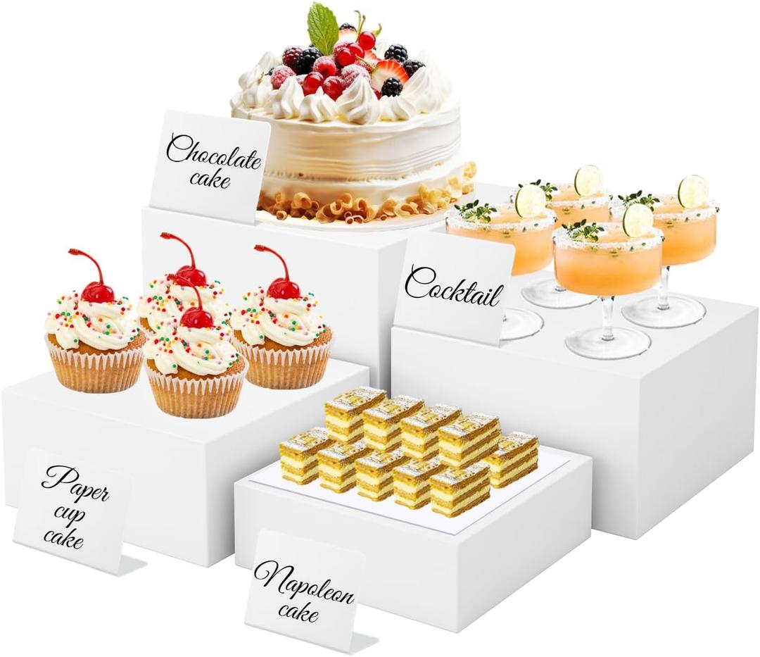 4 Pcs White Buffet Risers with Mini Signs,Acrylic Food Risers for Buffet Table,Display Stand for Dessert,Jewelry,Figures show,Cube Display Base with Hollow Bottoms (6",6.5",7",8")