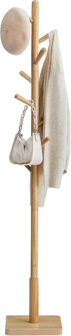 VASAGLE Solid Wood Coat Rack, Free Standing Hall Coat Tree with 8 Hooks, 3 Height Options, for Coats, Hats, Bags, Purses, for Entryway, Hallway, Rubberwood Hooks and Pole, Natural Beige URCR010N01