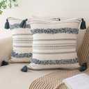 Boho Throw Pillow Covers 18.5 In Set of 2 Woven Tufted Farmhouse Pillows Cover with Tassels Textured Striped Cushion Case Neutral Pillow Cases Decorative Pillowcase for Sofa, Bed, Dark Blue