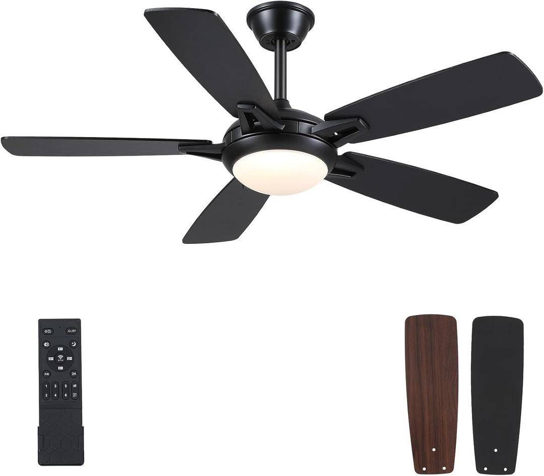 Kviflon Ceiling Fans with Lights and Remote, 46 Inch Modern Ceiling Fan with Light, Black Ceiling Fans for Bedroom Living Room Indoor/Outdoor, Reversible Quiet Motor, Dimmable LED Light, Black