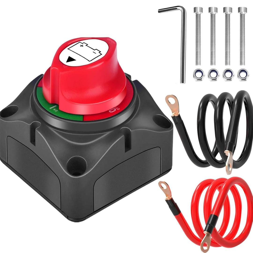 SUNMORN Battery Disconnect Switch, 2PCS Cables 1.64FT with Heavy Duty Wire Lugs, Battery Disconnect Switch 12V, DC 5-60V Master Isolator Cut/Shut Off for RVs, Campers, and Boats