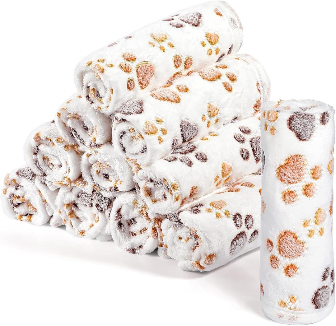 Tegeme 12 Pcs Pet Blankets Soft Fluffy Fleece Dog Cat Warm Paw Print Pattern Blankets Flannel Throw for Pets Dog Puppy Cat(23 x 16 Inch,White)