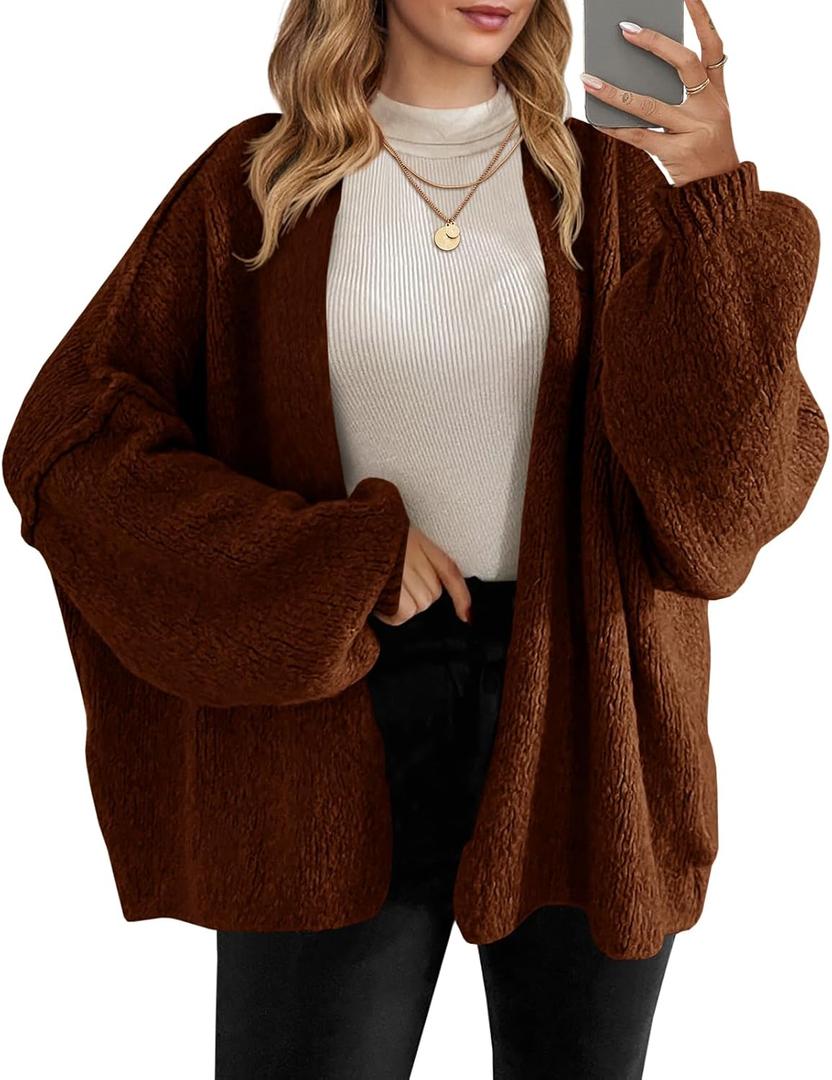 Saodimallsu Womens Oversized Cardigan Sweaters Open Front Chunky Knit Casual Long Lantern Sleeve Fall Sweater Coats (Large, Brown)