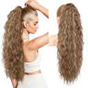 REECHO Ponytail Extension 30" Long Claw Clip Ponytail Extension Curly Wavy Pony Tails Hair Extensions Clip in Synthetic Hairpiece for Women, Light Brown with Highlights
