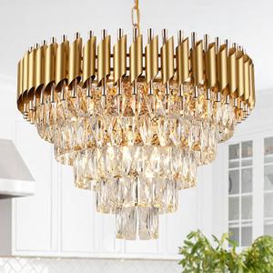 AXILIXI Modern Crystal Chandelier Gold, 24" Round Chandeliers for Dining Room K9 5 Tiers Ceiling Pendant Light Fixtures Golden Large Raindrop Flush Mount Chandelier for Foyer Living Room Staircase