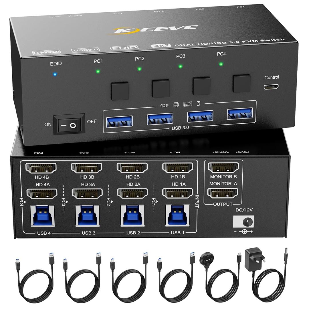 KVM Switch 4 Monitors 2 Computers 8K@60Hz/4K@120Hz, HDMI DP KVM Switches for 2 PC Sharing Quad Monitor and Keyboard Mouse with Power Adapter, Wired Extend Controller and USB Cables, 【Input 3 DP+1 HD】