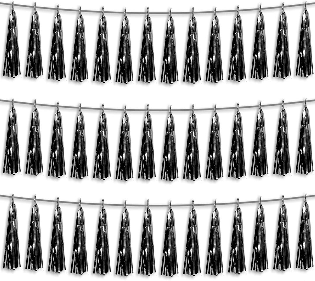 3P Black Foil Fringe Metallic Tassel Streamers Banner Tassel Garland for Parade Floats, Bachelorette, Wedding, Birthday, Halloween, Christmas, Bridal/Baby Shower Party Decorations