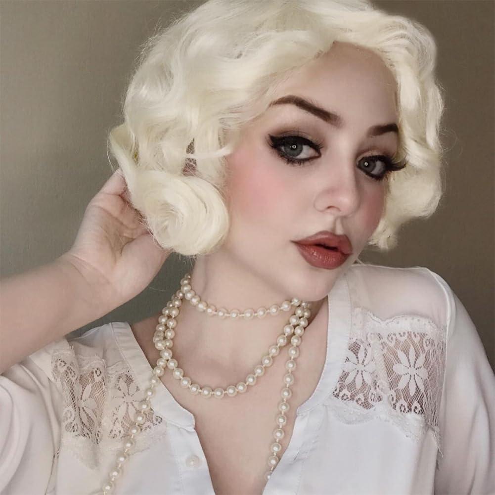 Blonde Short Curly Lace Front Wig for Women Side Part Wig Finger Wave Synthetic Heat Resistant Wigs for Cosplay Costume Daily Use (Gold)