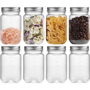 novelinks 16 oz Clear Plastic Mason Jars with Silver Lids  Reusable Food Storage Containers with Lids, BPA-Free, Leakproof, Empty Jars for Pantry, Kitchen, DIY Crafts  8 Pack (Sliver)
