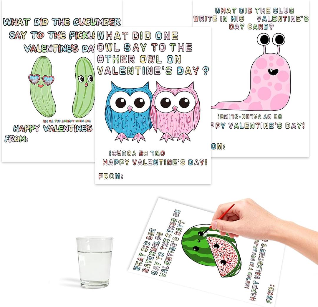 Valentines Day Gifts for Kids for Kids 24 Pcs Paint Watercolor Joke Valentines Cards,Valentine's Day Gifts for Boys Girls Classmates School,with Paintbrush