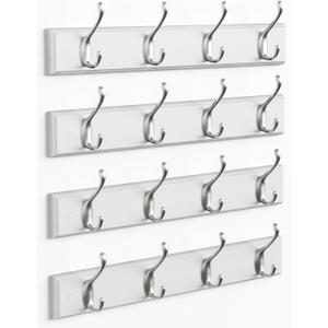Forbena White Coat Rack Wall Mount 4-Pack, Coat Hanger Wall Mounted for Hanging Clothes Purse, Modern Key Holder Hooks for Closet Hat, Belt, Bag, Backpack, Leash (White and Silver - 16 Hooks)