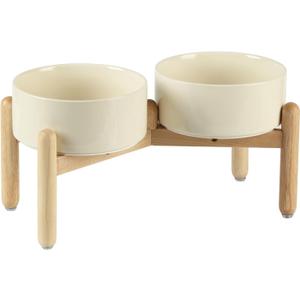 Ceramic 7.3inch Raised Double Bowls Set with Wooden Stand, Food & Water Bowls for Medium Breed Dogs, Weighted Dog Dishes, Pet Feeder(Beige)